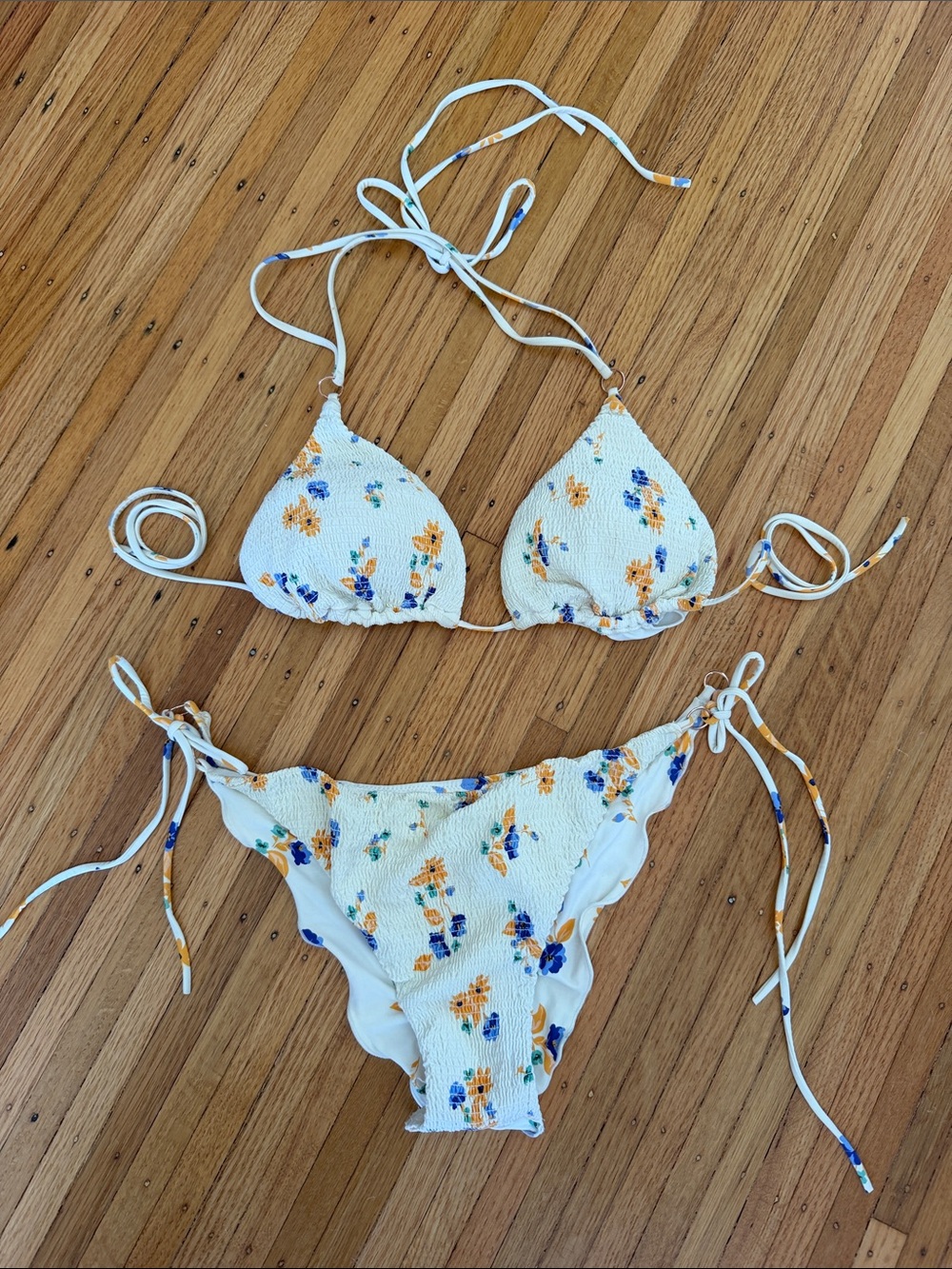 bond-eye White Floral Smocked Triangle Bikini with Yellow & Blue Print